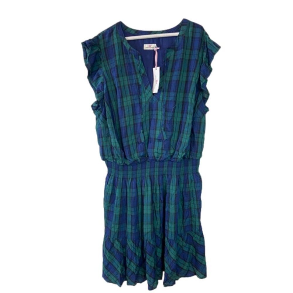 NWT Vineyard Vines Blackwatch Plaid Smocked Ruffle Dress Charleston Green